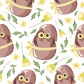 seamless pattern with an icon of a brown owl sitting in a brown egg with a bow and with colorful flowers Royalty Free Stock Photo